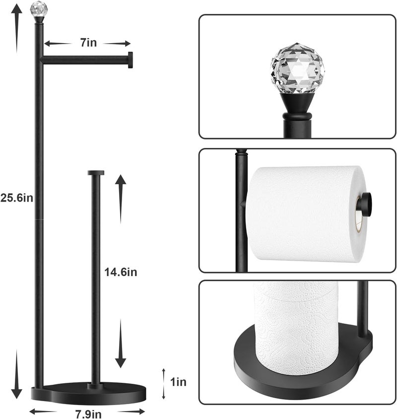 Kasunto Toilet Paper Holder for Bathroom, Heavy Weighted Metal Free Standing Toilet Paper Storage with Crystal Ball, Toilet Paper Stand for Bathroom Accessories, Matte Black [Holds MEGA Rolls] - Image 1